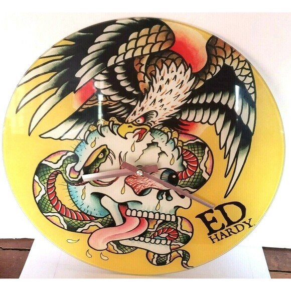 Ed Hardy Eagle on Skull Glass Yellow Wall Bar Clock 14" - Picture 2 of 3